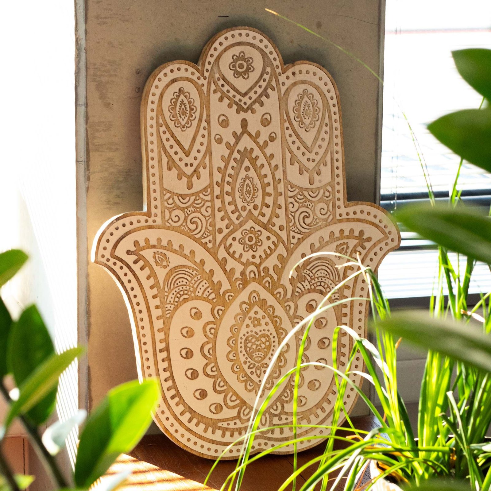 Mango Wood Hamsa Wall Plaque - Whitewash - Image 3